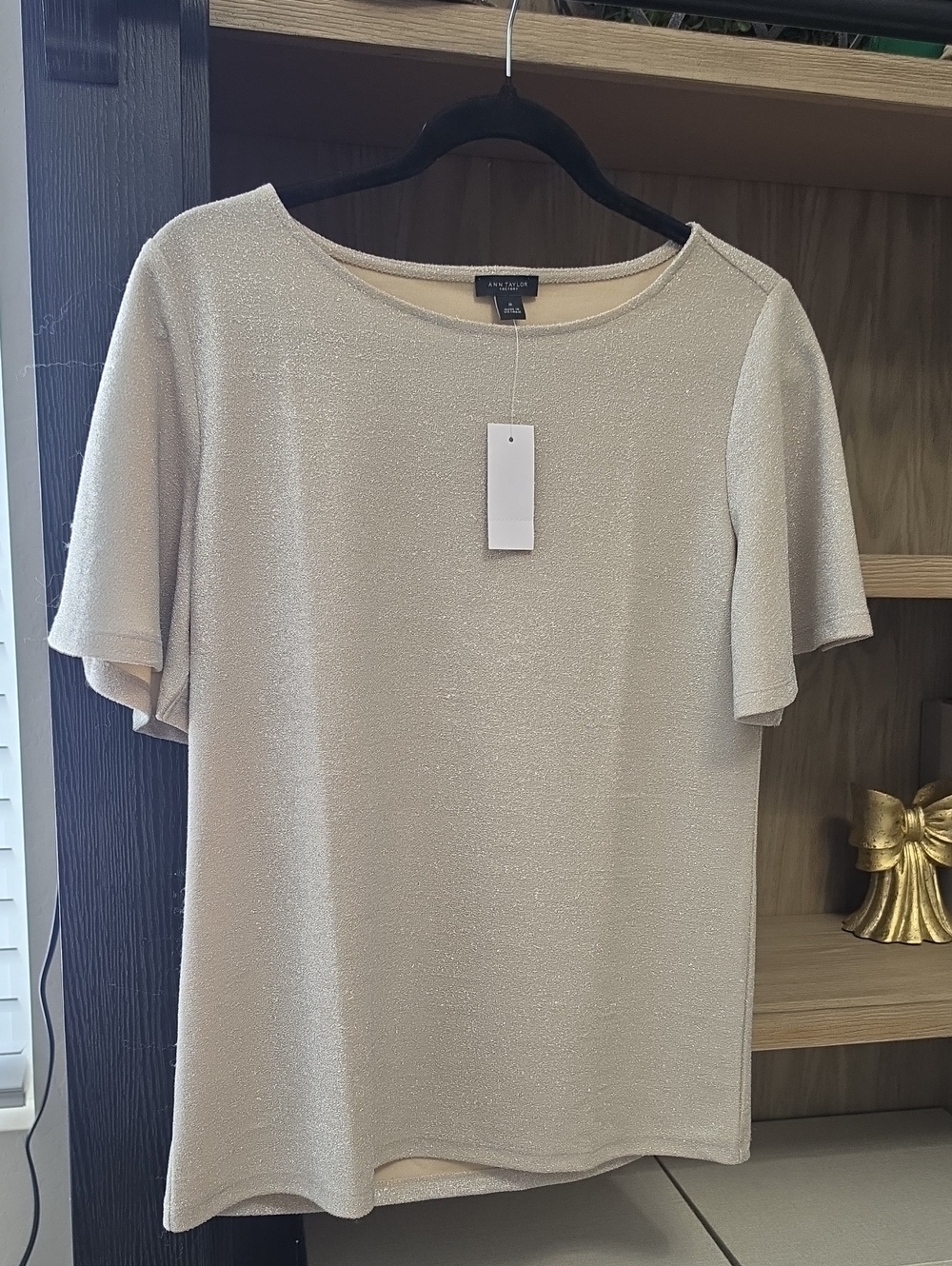 Anne Taylor Light Gold Short Sleeve Sparkle Knit Top